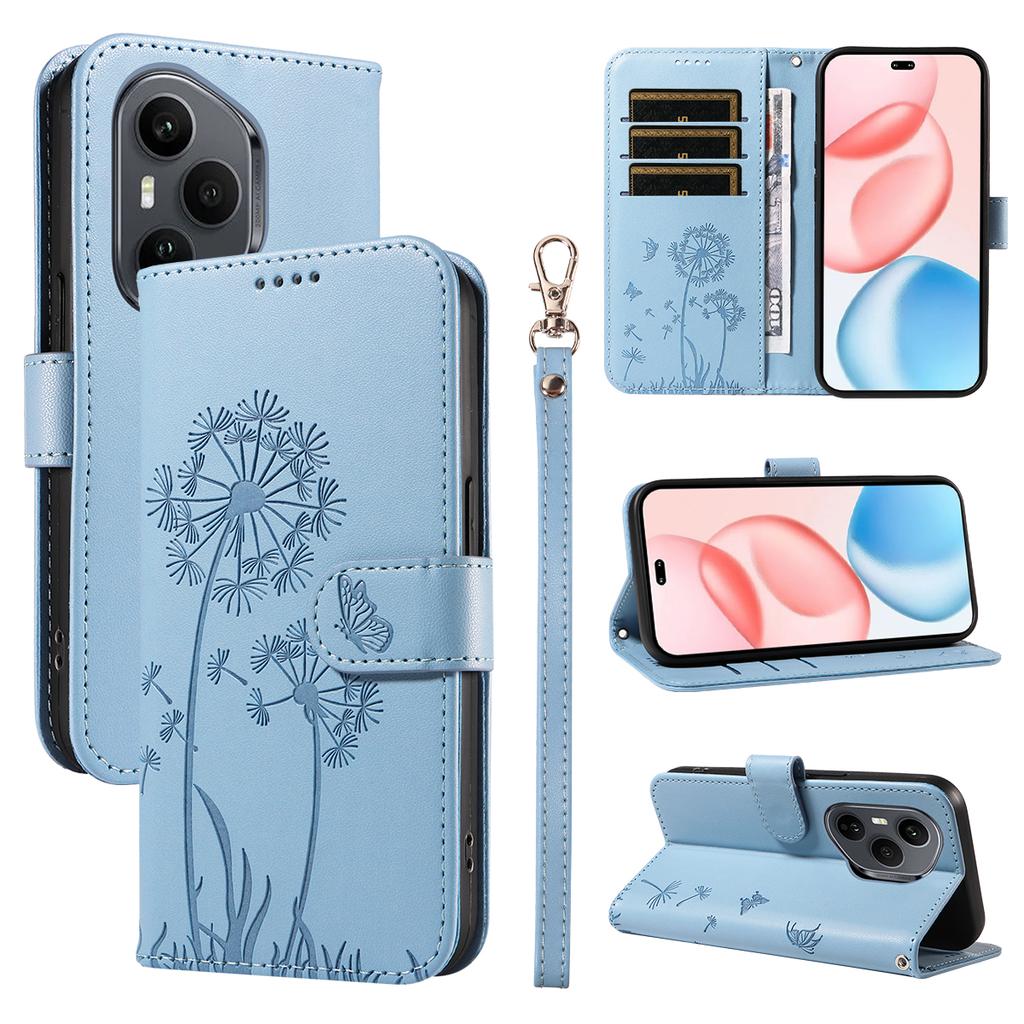 For Honor 400 Pro 5G (Global) Lommebokdeksel i lær med stropp Løvetannavtrykk Telefonstativdeksel