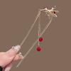 Elegant Red Velvet Rose Hair Stick with Golden Metal Frame Zircon Accent And Red Bead Tassel Retro Hanfu Style Hair Accessory