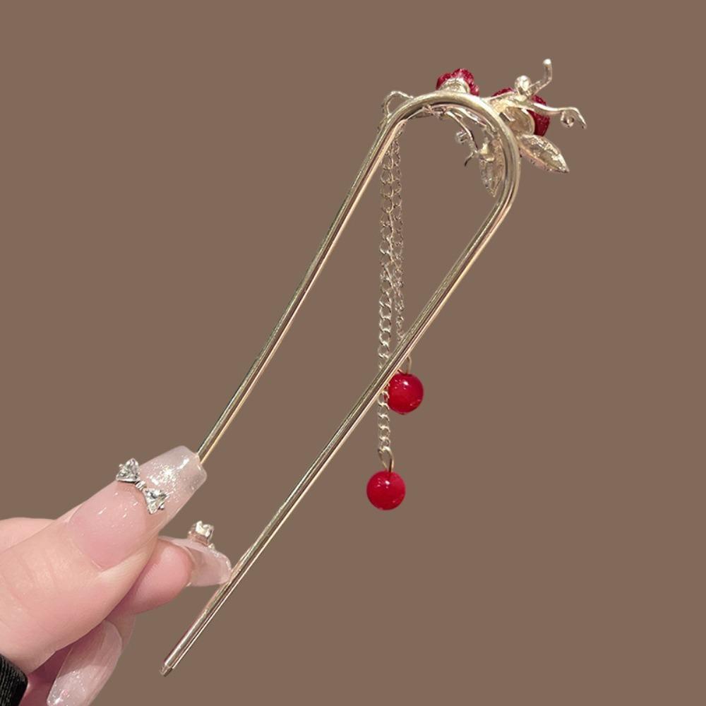 Elegant Red Velvet Rose Hair Stick with Golden Metal Frame Zircon Accent And Red Bead Tassel Retro Hanfu Style Hair Accessory