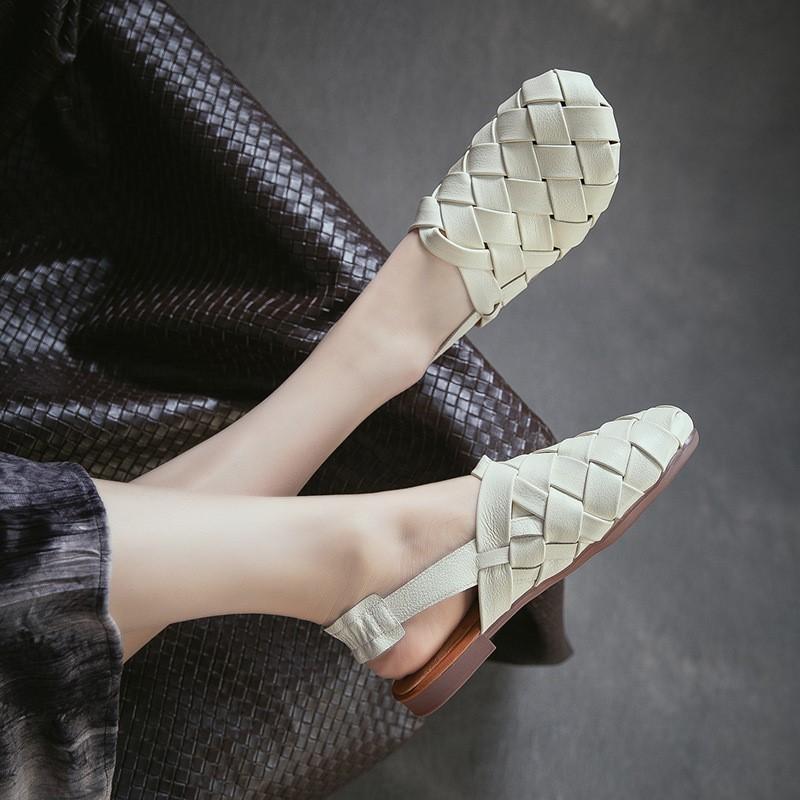 Johnature Ręcznie tkane sandały na płaskiej podeszwie z prawdziwej skóry, z okrągłym noskiem. Codzienne, wszechstronne buty damskie