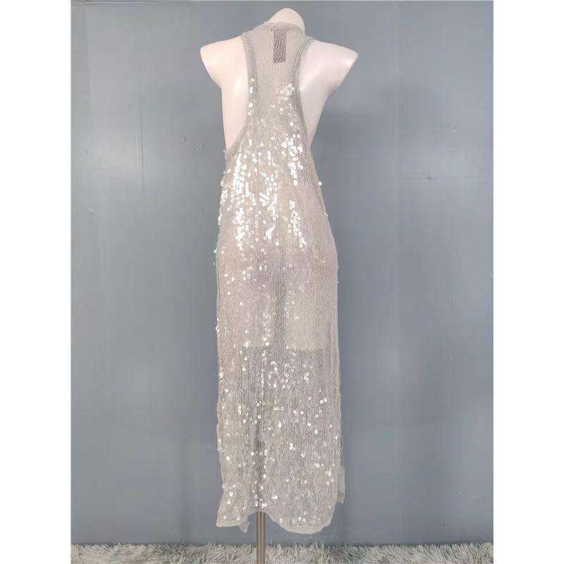 Foreign Trade Order French style Fashion Sexy Gyaru Cool Girl Sleeveless Vest See-through Sequins Fish Scales All-Match Pure Desire Dress