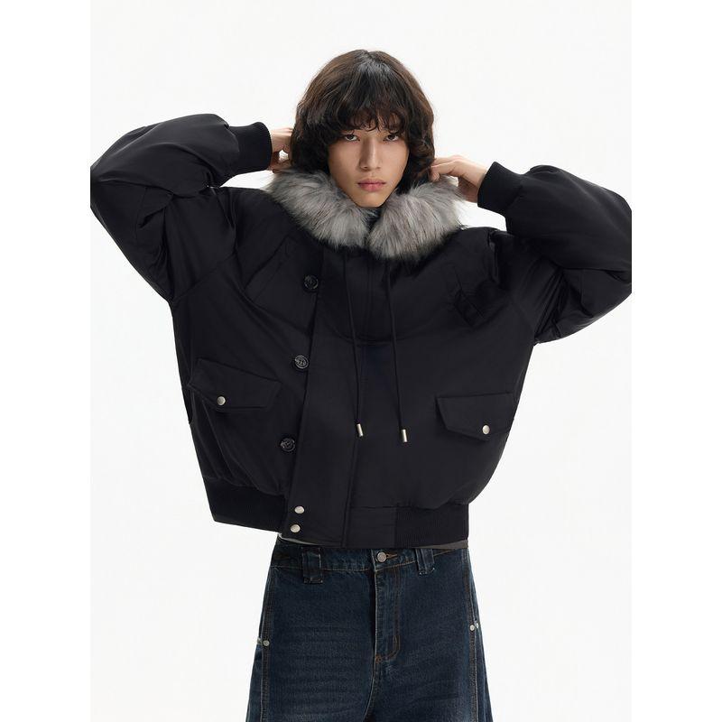 Blaexit Gray Wolf Fur Collar Ma1 Parka Men's Thickened Mountain Eagle Jacket with Fleece Lining Warm Workwear Cotton Coat