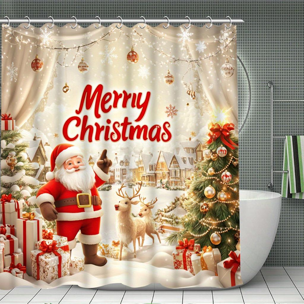 4Pcs Bathroom Shower Curtain Set  Christmas Santa Pattern Bathroom Curtain With 12 Hooks Non Slip Rugs Toilet Cover Mat Bathroom Partition