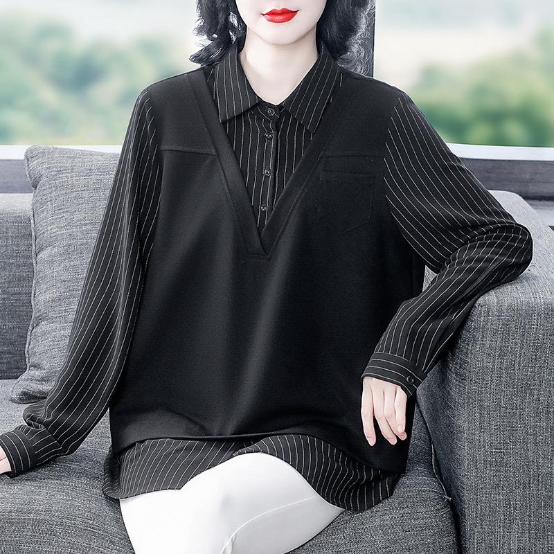 Spring Casual Plus-Size Two-Piece Shirt - Light Mature Style with Turn-Down Collar for Women