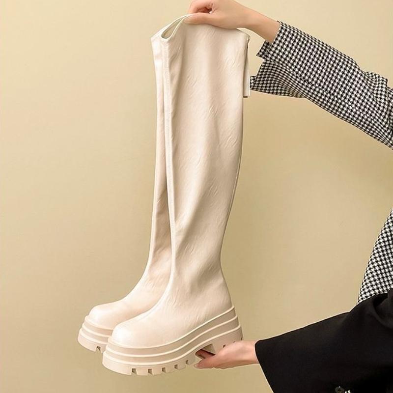 Over-the-Knee Boots  Autumn New Style Leather High-Leg Stretch Height-Enhancing Slimming Chunky Heel Boots