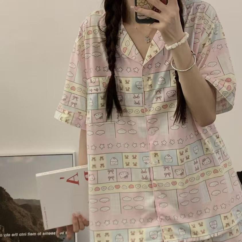 Japanese ins sweet pajamas women's summer short-sleeved shorts Hello Kitty suit student dormitory can wear loungewear outside