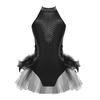 Kids Girls Dance Performance Costume Rhinestone Mesh Patchwork Sleeveless Leotard Tulle Skirted Bodysuit