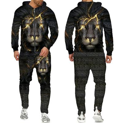 Fajne 3D Animal Lion bluzy z kapturem na zamek dres bluzy z nadrukiem + spodnie garnitury moda męska casualowe w stylu Streetwear bluzy zestaw