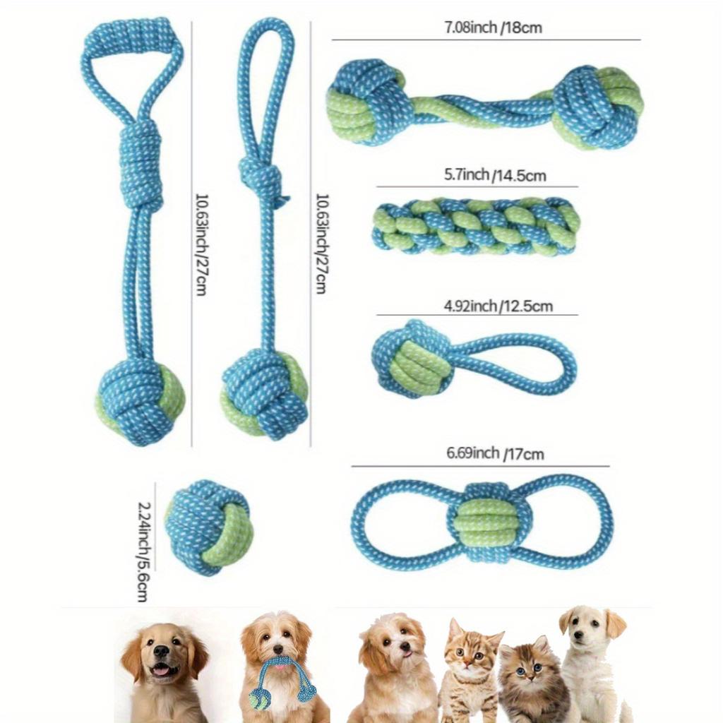 7pcs Multi-Purpose Dog Leash Chew Toys, Interactive Pull Knot Toys with Rattle Ball, Durable Training Set, Indoor/Outdoor Play