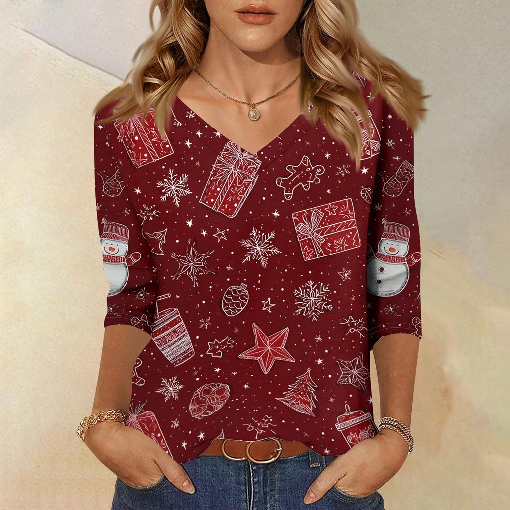 Women's Christmas Printed V-Neck 3/4 Sleeve Loose Fit Casual Shirt