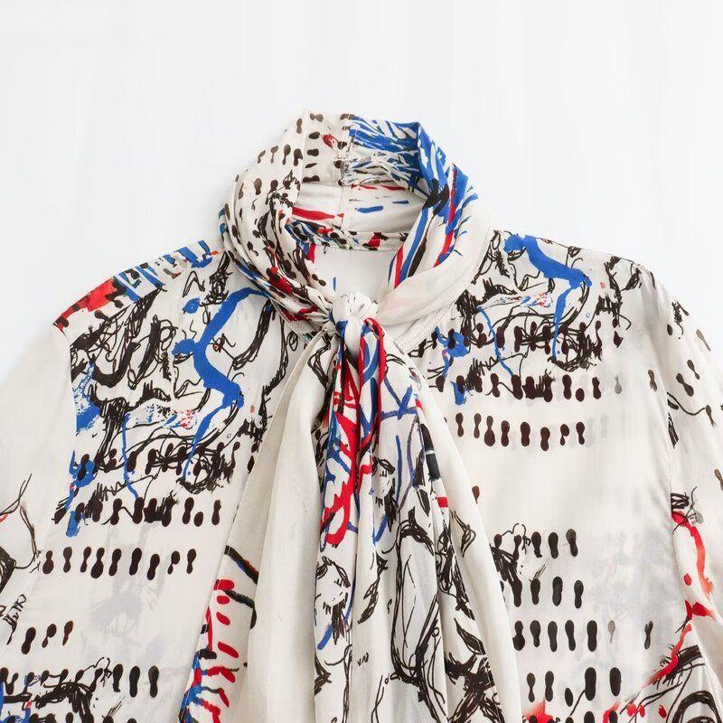 24 Spring New Fashion Style Women's Clothing Casual Loose Bowknot Decoration Print Shirt Tops 2356007 330