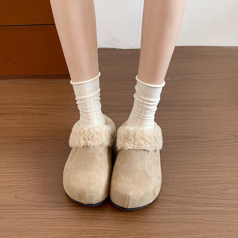 Retro, fashionable and versatile thick-bottomed fluffy slippers for women's autumn and winter wear, piled warm and comfortable Birkenstock cotton