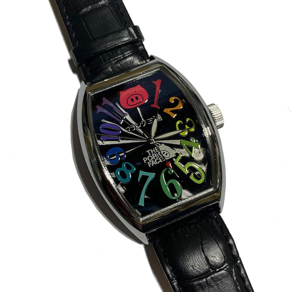Frank Miura x THE PORK FACE Men's Collaboration Watch with Leather Strap and Double Name, Black