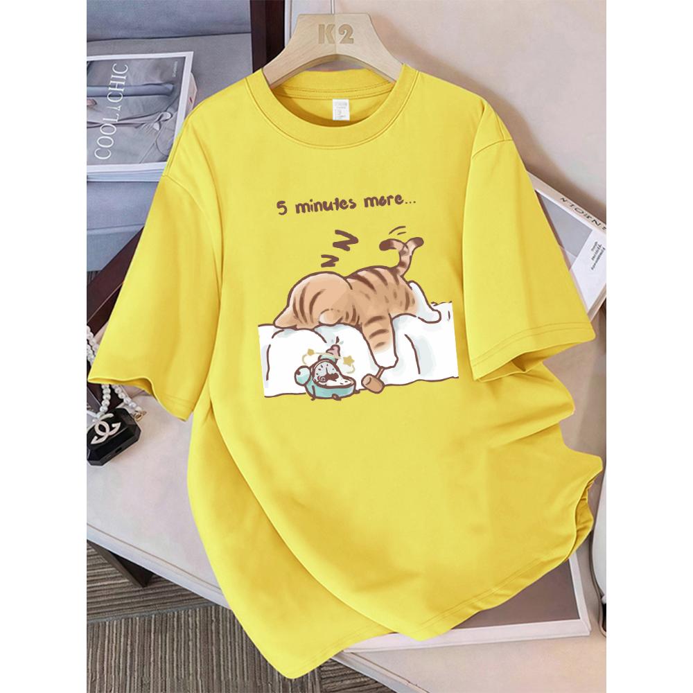 Women T-Shirt Cotton Summer The Cat That Always Wants To Sleep Pattern Prints T Shirt O-Neck Soft Loose Tops Basic Woman Clothes