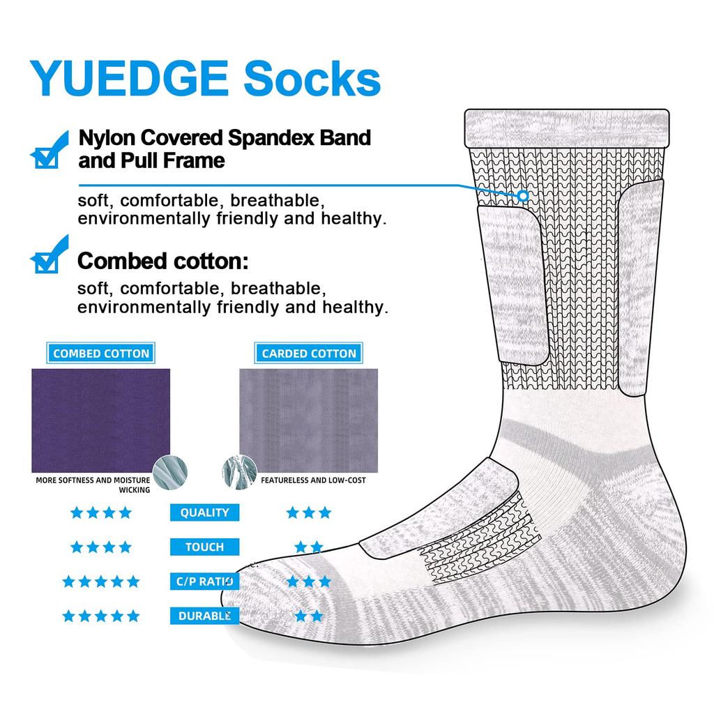 YUEDGE Athletic Thick and Work Socks for Outdoor Crew Premium Sizes Set Women's Socks, Durable, Cushioned, Hiking, Activities, Trekking, Length,