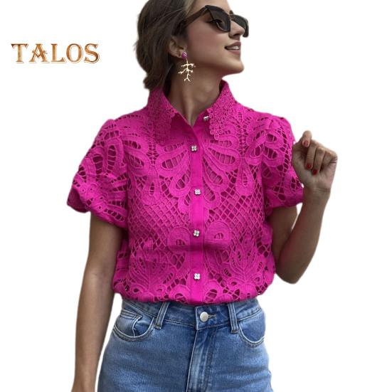 Women Shirt Lapel Puff Short Sleeve Slim Fit Shirt Tops Solid Color Button Closure Hollow Lace Crochet Blouse