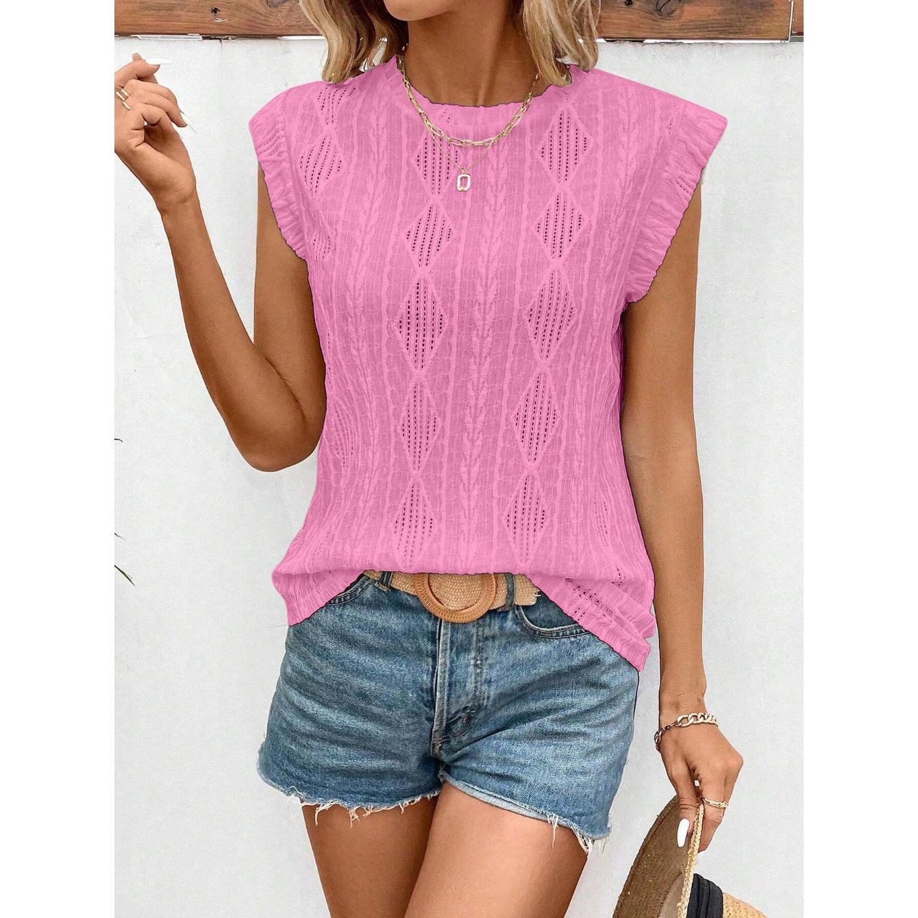 GMXIA Летний женский свободный жилет-футболка с круглым вырезом и жаккардовым узором, короткий рукав, женский S розовый