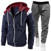 2026 Men's Color Block Contrast Fashion Hoodie Two-Piece Set with Zipper for Autumn and Winter