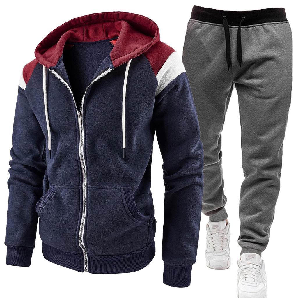 2026 Men's Color Block Contrast Fashion Hoodie Two-Piece Set with Zipper for Autumn and Winter