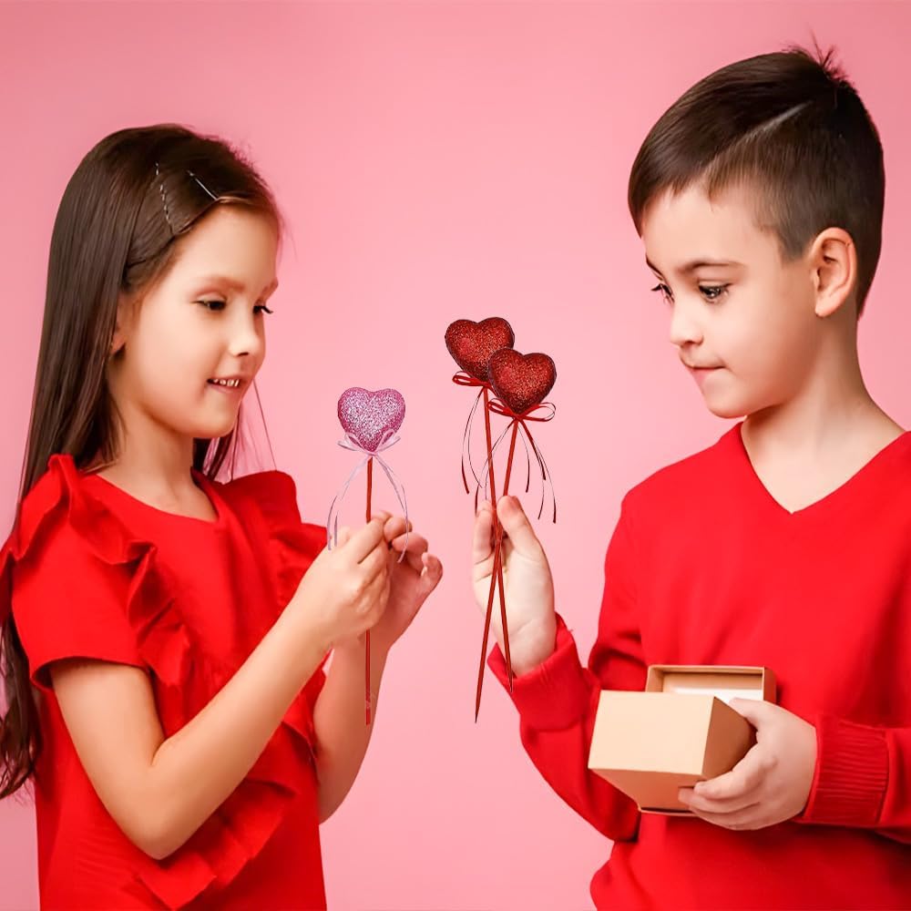 12Pcs Valentine's Day Glitter Red Pink Puffy Heart Picks Foam Heart Picks Sparkly Sticks for Wedding Flower Arrangements Floral Bouquet Home Holiday