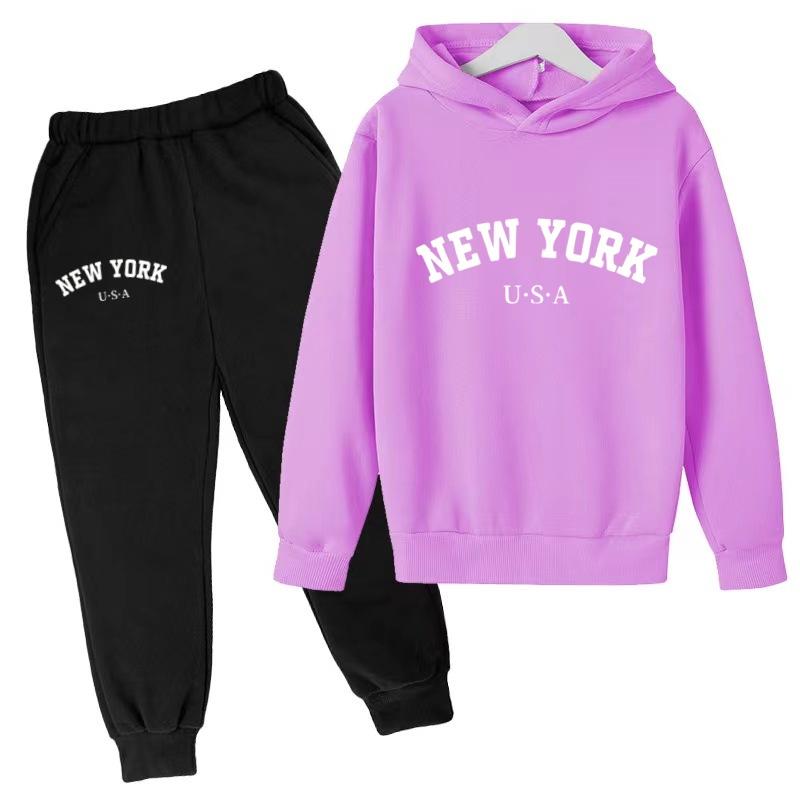 Kids Fashion Hoodie Boy Girl Toddler Pullover 3-12Years NEW YORK USA Letter Print Clothes Casual Top+Trousers 2P Coat Sports Set