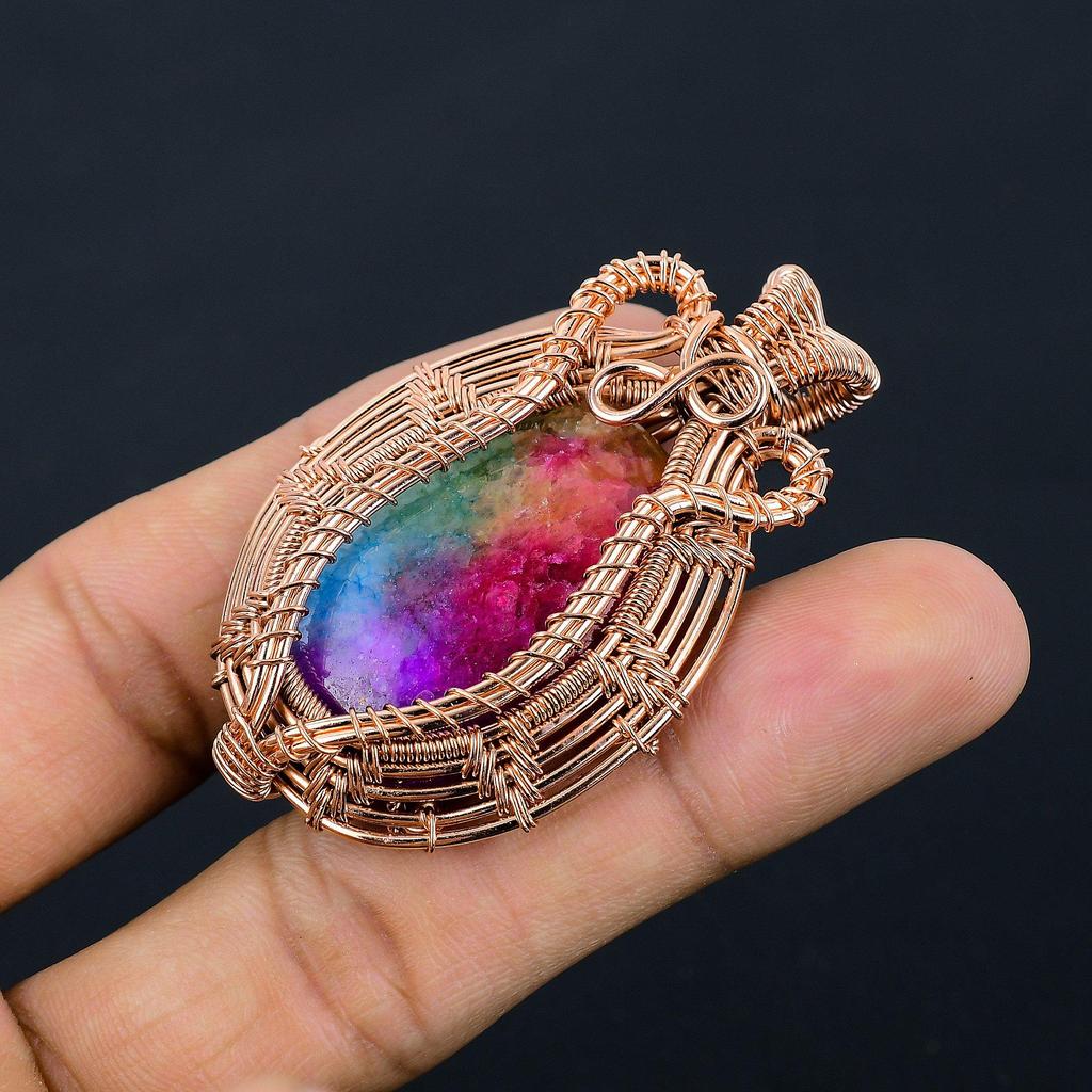 Rainbow Solar Quartz 999 Copper Wire Wrapped Pendant, Handmade Gemstone Pendant Jewelry, Gifts For Wife Brand New Pendant