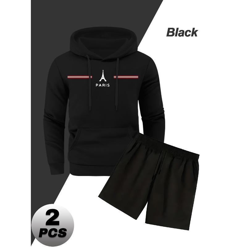 

Hoodie Long Sleeve Sweatshirt and Shorts Men s Polyester 2 Piece Set Soft Athletic XXL чорний