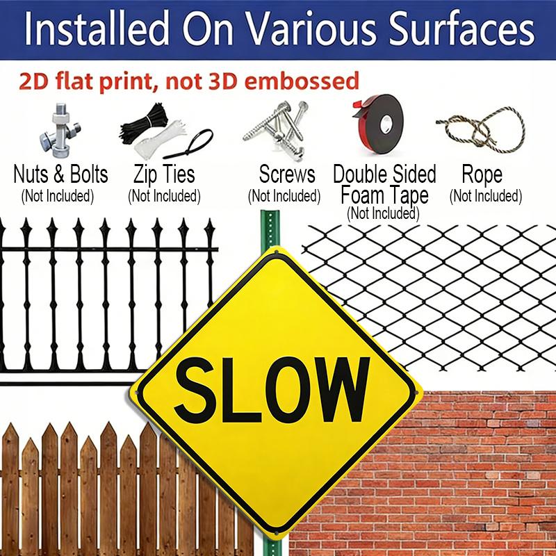 2D Flat, 1pc, "SLOW" Aluminum Warning Sign, Heavy Duty Weatherproof Metal Plaque, Slow Down Traffic Control Sign for Driveway, Street, Neighborhood