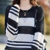 Spring Summer Hollow Knitted Sweater with Knitted Stripes Loose Long Sleeved Sunscreen Cover Thin Top