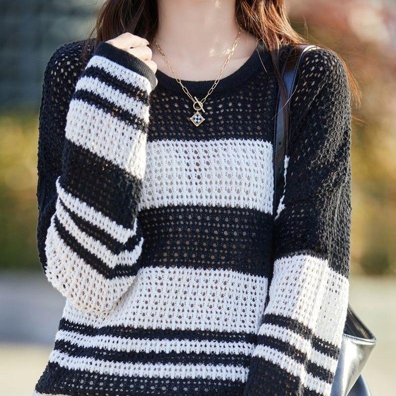 Spring Summer Hollow Knitted Sweater with Knitted Stripes Loose Long Sleeved Sunscreen Cover Thin Top