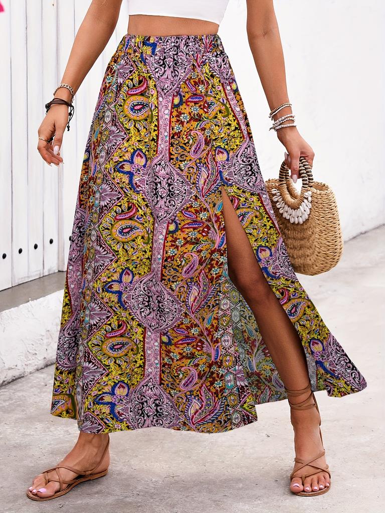 ins cross-border celebrity style personalized printing slit a-word skirt spring and summer high-end foreign trade women's clothing skirt skirt skirt