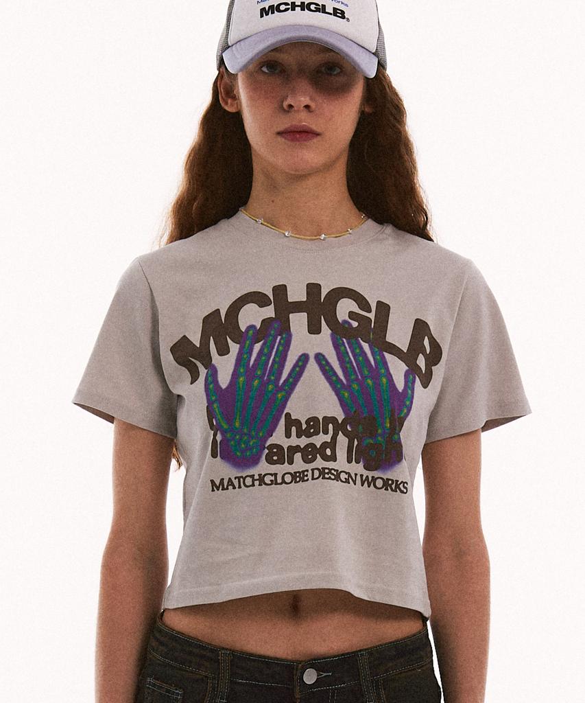 MATCHGLOBE Hands Flared Light Crop Top (Beige)