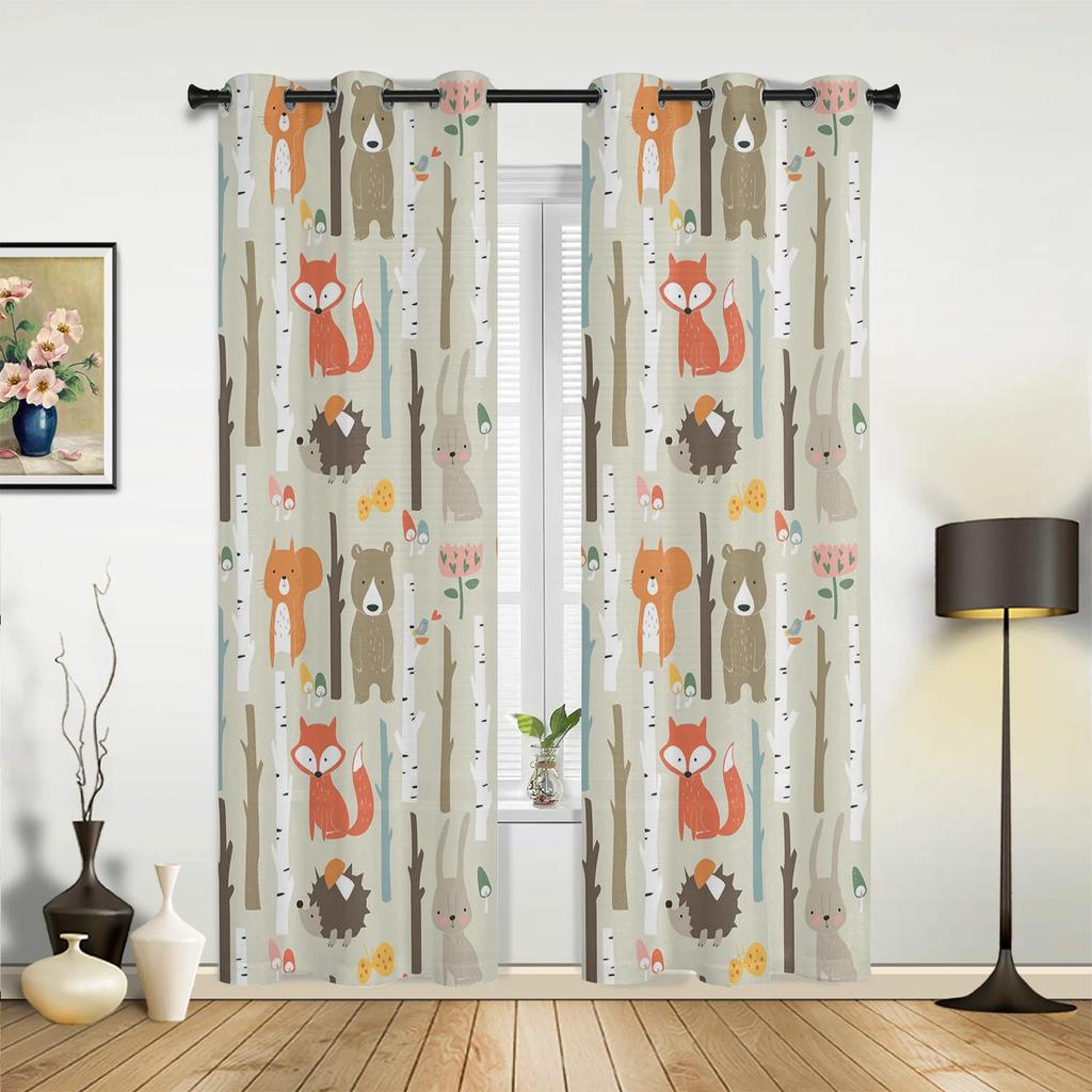 Animal Bird Fox Forest Winter Birch Tree Window Curtains Home Decor Living Room Curtains Kid's Room Cortinas For Kitchen Bedroom