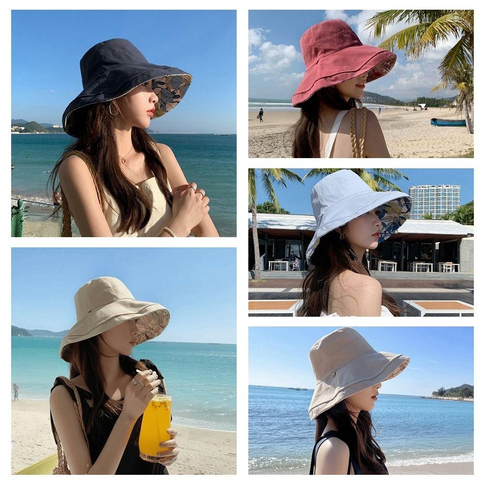 Double-Sided Women Fisherman Hat Flower Print Sunscreen Visor Cap Portable Summer Sun Hat  Travel