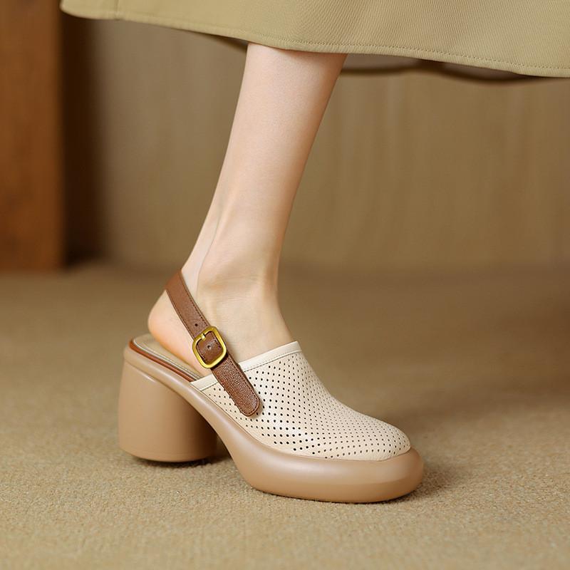 Sommer-Sandalen mit offenem Rücken für Damen mit dicker Sohle und runder Spitze aus Superfiber-Material für Freizeit