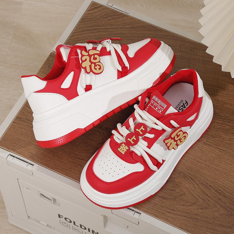 

New Year s shoes Fu character thick sole heightening versatile board shoes little white shoes women s casual sports shoes thick sole panda shoes women 35 красный