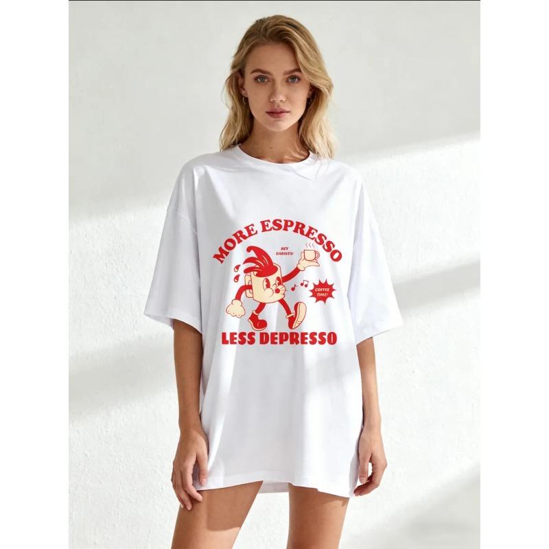 Oversize Women's Short-Sleeve T-Shirt with Cartoon Coffee Cup Figure & "MORE ESPRESSO LESS DEPRESSO" Text Print