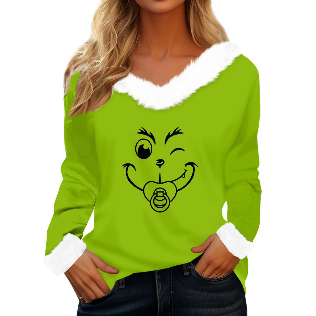 Women's T Shirt Tee Christmas Shirt Long Sleeve Party Christmas Print Fleece Collar V Neck Top