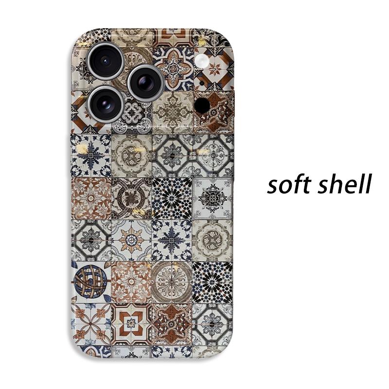 Vintage Moroccan Geometric Patchwork Tile Art Graphic Film Aesthetic Protective Shockproof Bumper Phone Case Cover For iPhone 14 15 16 Pro Max Plus