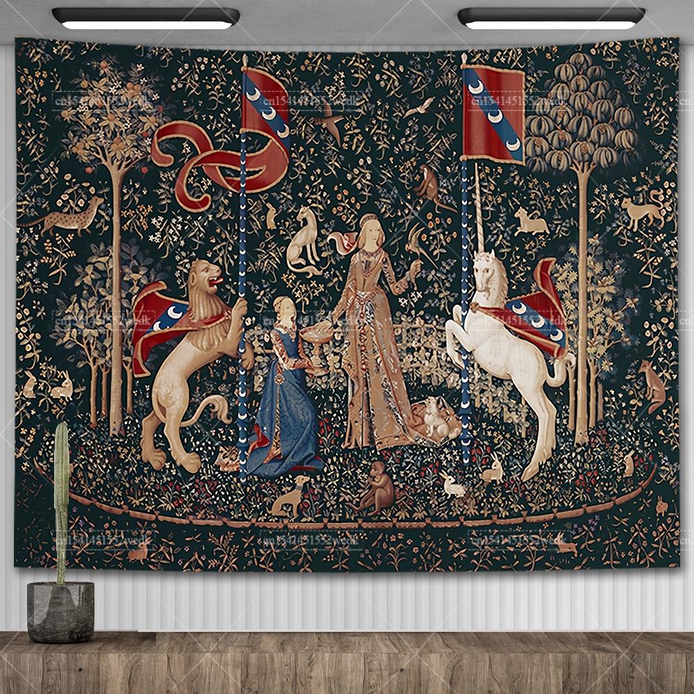 Гобелен «Леди и единорог» Средневековый гобелен Настенный гобелен Печатный домашний декор Гобелены Фоновое покрытие для комнаты Для кровати 29x37in 74x94cm