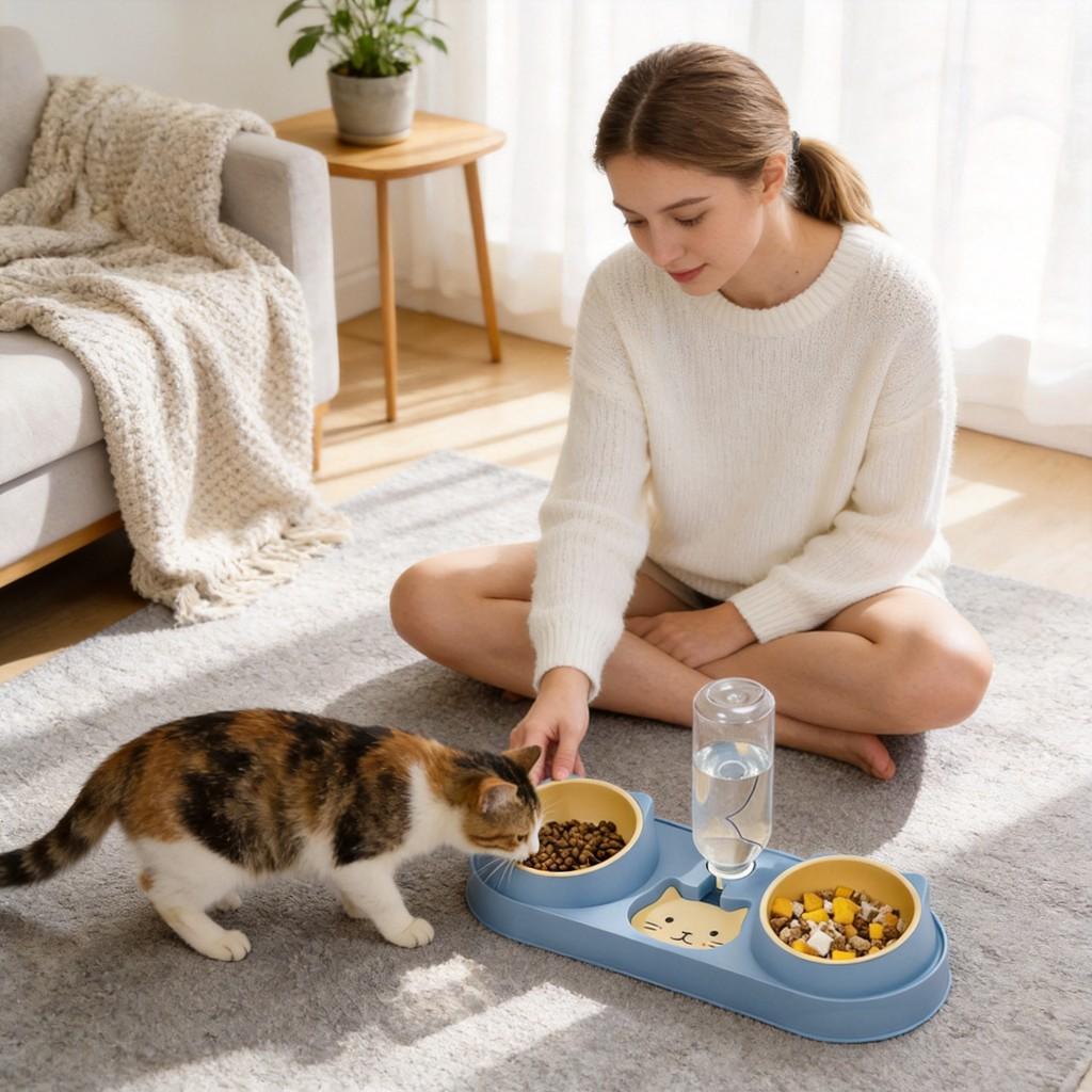 Pet Cat Food And Water Bowl Set With Antispill Design For Home Use