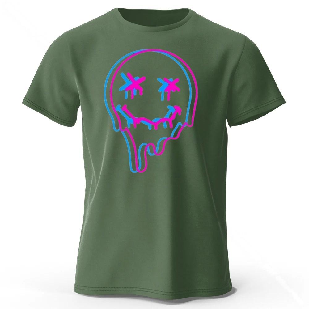 Neon Melting Smiley Face Highquality Pure Cotton Short Sleeved Men Loose Oversized Comfortable Sports Tshirt Street Casual Top