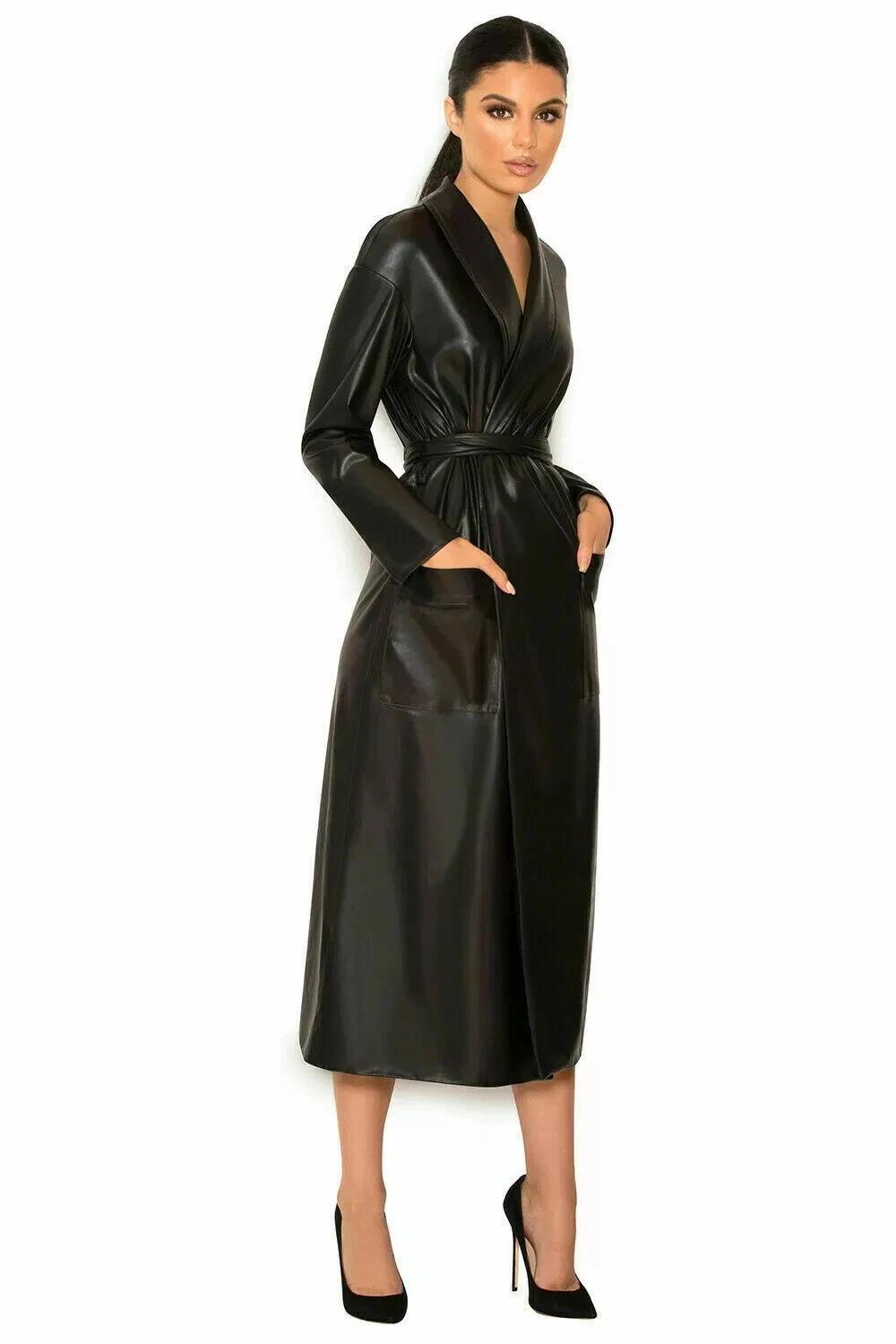 

Тренч Черный Ручной работы Натуральная Кожа Ягненка Повседневный Стильный Крой Новый Женский 3XL