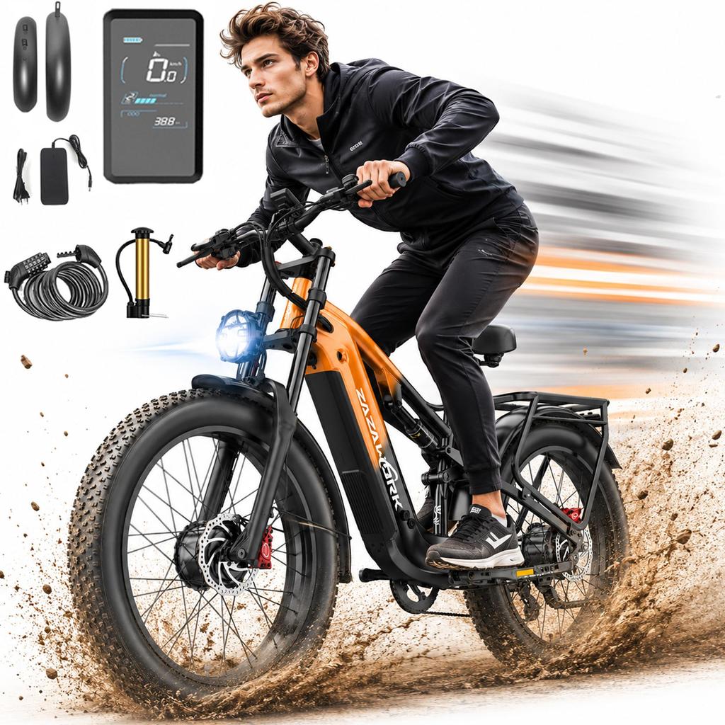 Electric Bike for Adults ZAZAWORK CF26 MAX 48V 25Ah Battery 120–150 Km Range Dual 1000W Motor E-Bike Dual Suspension 26 X 4.0-inch Fat Tires