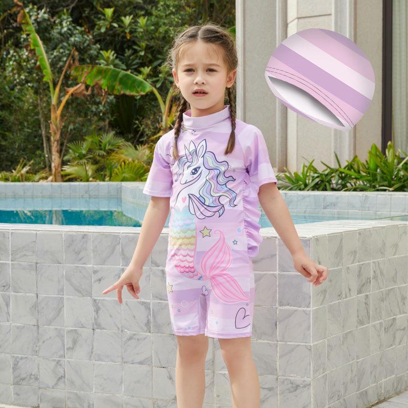 Dívčí kreslené jednodílné plavky s krátkým rukávem a rychleschnoucí úpravou, s ochranou proti slunci, Jihovýchodní Asie.