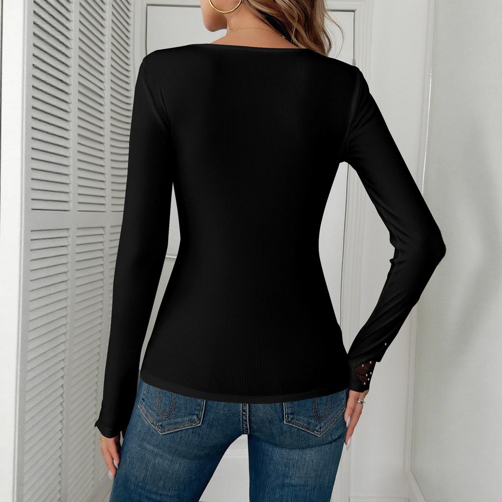 Damen Oberteil Herbst Winter mit Kragen und Manschetten Spitzenbesatz Strasssteindekor Langarm Mode Täglich Basic Büro Dame Lässig Schlanke Passform Damen Elegantes Oberteil