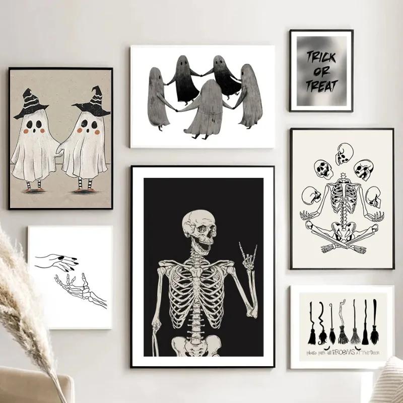 Nordic Simple Wall Art Halloween Skull Witch, HD Canvas Print Poster, Home Living Room Bedroom Decorative Painting