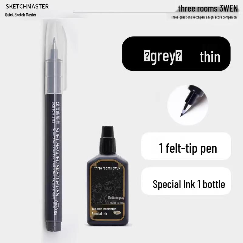 Refillable Quick Sketch Pen Set: Fine, Small, Regular, Large Gray Brush Pens for Art Line Drawing