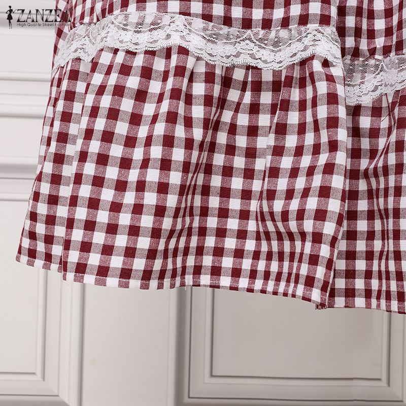 ZANZEA Abito Lungo da Donna Casual a Manica Corta con Scollo Tondo e Inserti in Pizzo con Stampa a Quadri