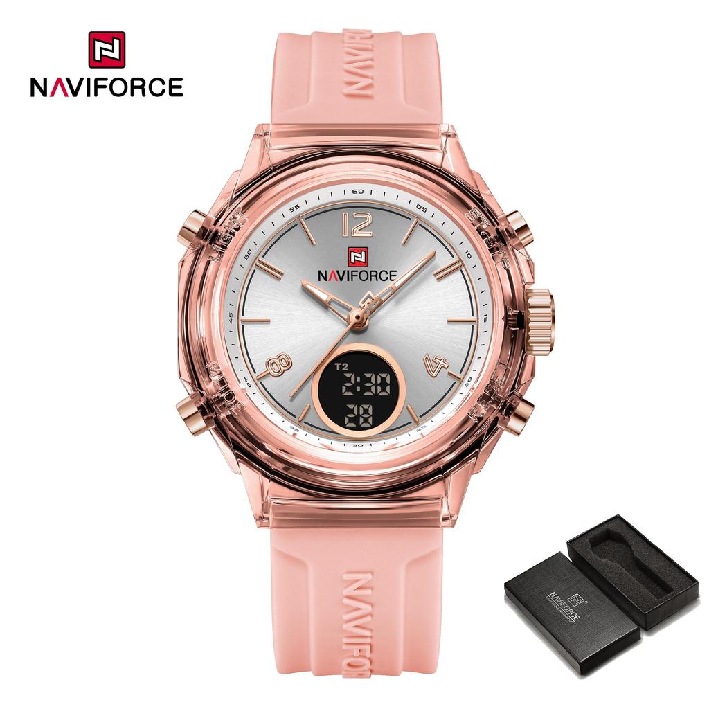 Naviforce Women Watch Quartz Pointer Dial LCD Digital Display Chronograph Luminous Waterproof Silicone Strap Unisex Men Women Watch NF7109